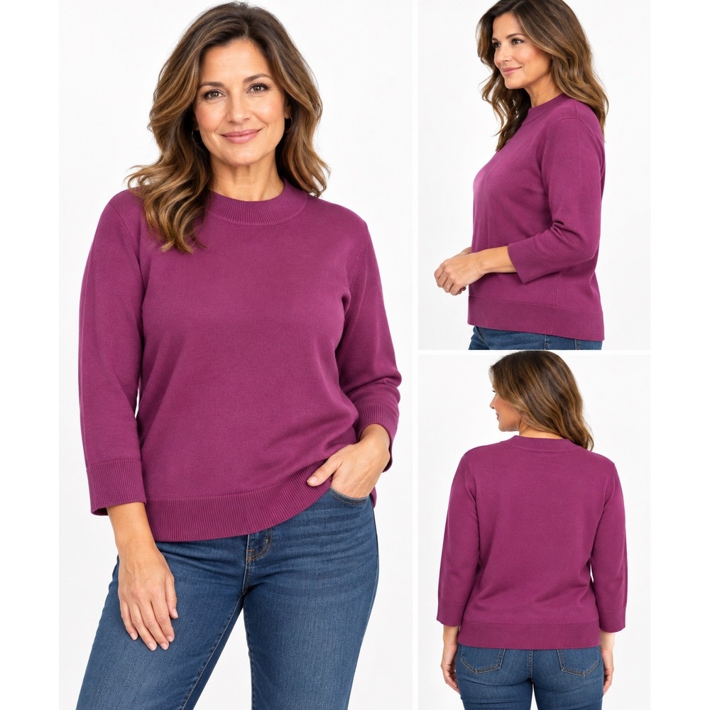 Marks & Spencer Pink Cranberry Mock Neck Sweater Medium 3/4 Sleeve Soft Knit Top